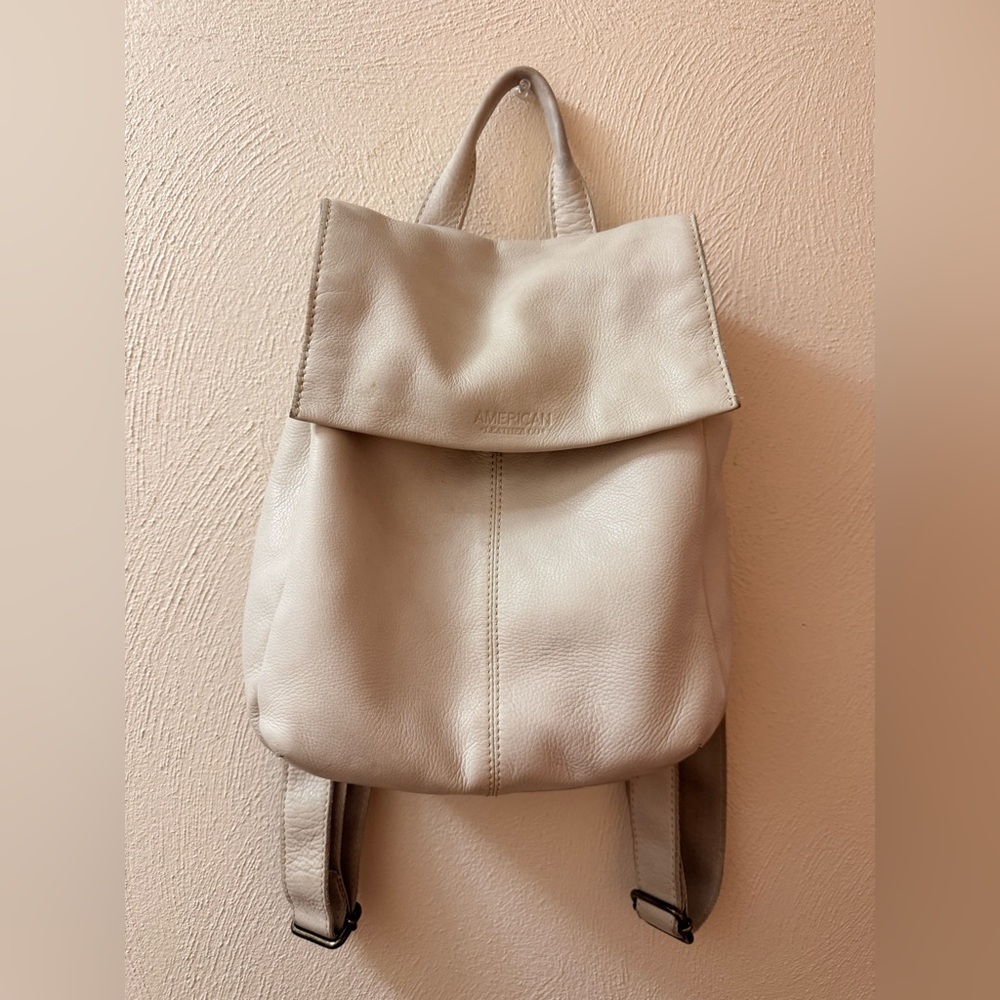 Minimal Cream Leather Backpack with Fold-Over Flap